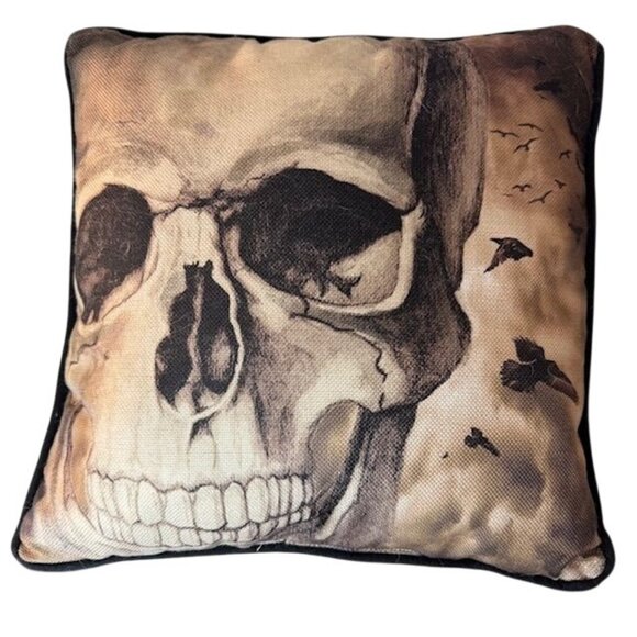 Skull Design Throw Pillow With Black & Beige Tones - Picture 1 of 4